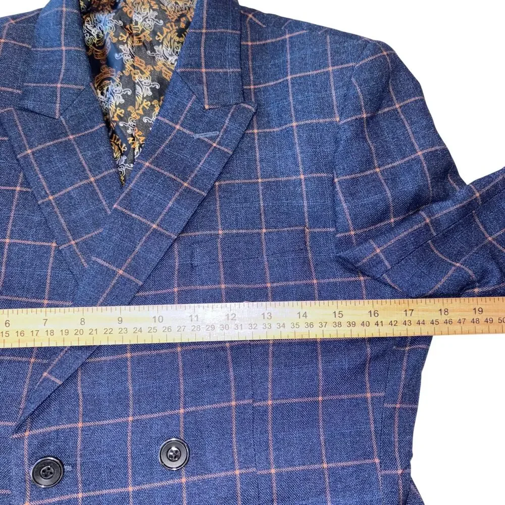 Slatl & Dean Luxury Men's Navy‎ Blue Windowpane Double Breasted Blazer Jacket